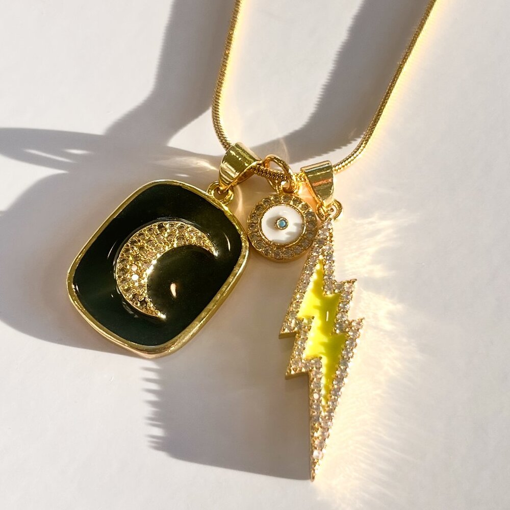 Mana Culture Crescent Moon Evil Eye Lightning Bolt Charm Necklace Gold